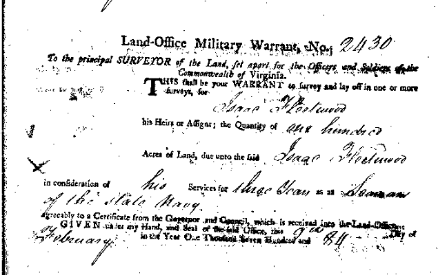 Isaac Fleetwood's Revolutionary War Land Warrant Document - February 9, 1784